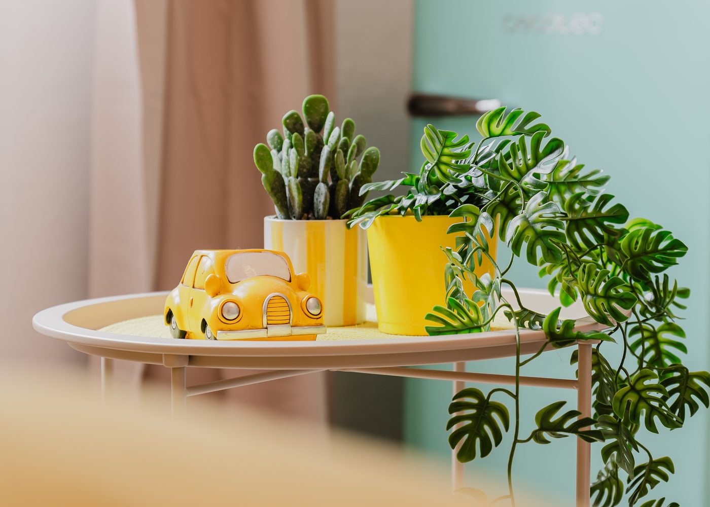 Beistelltisch im Beetle Apartment mit gelbem Käfer-Modell, Kaktus und Monstera